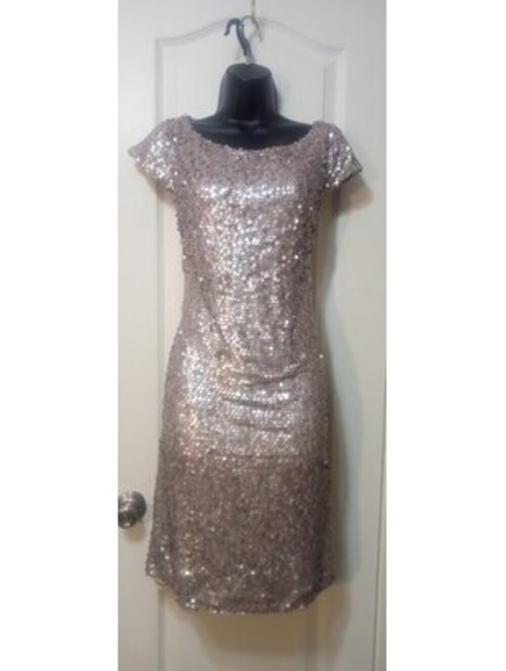 Donna Morgan Grey Sequin Open Back Sheath Dress 10